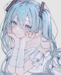 Rule 34 | 1girl, 39, aqua eyes, aqua hair, blush, dress, hatsune miku, head rest, head tilt, highres, jewelry, kagaku o, long hair, looking at viewer, lying, miku day, off-shoulder dress, off shoulder, on stomach, ring, short sleeves, solo, twintails, vocaloid, white background, white dress