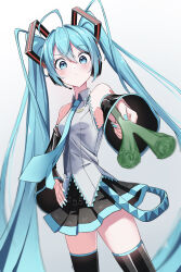 Rule 34 | 1girl, absurdres, arm tattoo, black skirt, black thighhighs, blue eyes, blue hair, blue nails, blue necktie, blue trim, blush, breasts, closed mouth, collared shirt, commentary, gradient background, grey background, grey shirt, hair between eyes, hair ornament, hand on own hip, hatsune miku, headphones, headset, highres, holding, long hair, looking down, microphone, miniskirt, nail polish, necktie, pleated skirt, procrastinator, procrastinator39, shirt, skirt, sleeveless, sleeveless shirt, small breasts, solo, spring onion, standing, tattoo, thighhighs, twintails, very long hair, vocaloid, wing collar, zettai ryouiki