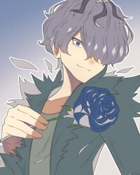 Rule 34 | 1boy, blue background, blue eyes, blue flower, blue rose, closed mouth, collarbone, commentary request, eyelashes, flower, garry (ib), gradient background, green jacket, grey background, hair over one eye, hand up, highres, holding, holding flower, ib (kouri), jacket, looking at viewer, male focus, one eye covered, purple hair, rose, short hair, simple background, smile, solo, taku hanamiyap, upper body, wavy hair