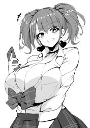 Rule 34 | +++, 1girl, blush, bow, breast pocket, breasts, bursting breasts, cellphone, choker, collarbone, collared shirt, commentary request, dress shirt, earrings, greyscale, grin, hair between eyes, heart, heart earrings, highres, holding, holding phone, huge breasts, jewelry, kotobuki mirai, long sleeves, looking at viewer, monochrome, nail polish, noah&#039;s notes, partially unbuttoned, phone, plaid, plaid bow, plaid skirt, pleated skirt, pocket, shirt, shirt tucked in, short hair, short twintails, simple background, skirt, smartphone, smile, solo, sukage, twintails, white background