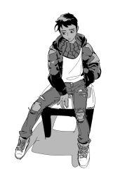Rule 34 | 1boy, between legs, bright pupils, chair, character request, closed mouth, copyright request, dark-skinned male, dark skin, denim, full body, greyscale, hand between legs, hand in pocket, highres, hood, hood down, hooded jacket, jacket, jeans, long sleeves, looking to the side, male focus, monochrome, pants, robodumpling, scarf, shirt, shoes, short hair, simple background, sitting, sneakers, striped clothes, striped scarf, torn clothes, torn jeans, torn pants, very short hair, white background