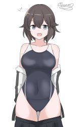 Rule 34 | 1girl, absurdres, black hair, black skirt, black one-piece swimsuit, clothes pull, collarbone, competition swimsuit, covered navel, gluteal fold, grey eyes, gym shirt, hair between eyes, hayasui (kancolle), highres, jacket, kantai collection, looking at viewer, noruren, one-piece swimsuit, open mouth, shirt, short hair, simple background, skirt, skirt pull, smile, solo, standing, swimsuit, swimsuit under clothes, track jacket, twitter username, undressing, white background, zipper