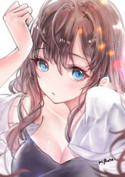 Rule 34 | 1girl, :&lt;, :3, blue eyes, blush, breasts, brown hair, cleavage, closed mouth, hair between eyes, hair up, ichinose shiki, idolmaster, idolmaster cinderella girls, large breasts, light particles, lingerie, long hair, looking at viewer, mirutu, off shoulder, signature, simple background, solo, spaghetti strap, underwear, upper body, white background