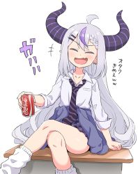 Rule 34 | +++, 1girl, ^ ^, ahoge, black necktie, blush, breast pocket, can, closed eyes, clothes around waist, coca-cola, collared shirt, crossed legs, desk, ear piercing, fang, feet out of frame, grey hair, hair ornament, hairclip, highres, holding, holding can, hololive, horns, la+ darknesss, laughing, long hair, long sleeves, loose socks, miniskirt, multicolored hair, necktie, open mouth, piercing, pocket, pointy ears, product placement, school desk, shirt, simple background, sitting, skin fang, skirt, smile, socks, solo, streaked hair, translation request, virtual youtuber, white background, white shirt, white socks, yoban