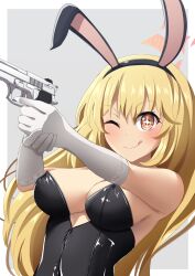 Rule 34 | 1girl, ;), alternate costume, animal ears, black leotard, blonde hair, blue archive, breasts, bright pupils, brown eyes, commentary request, elbow gloves, fake animal ears, finger on trigger, gloves, gun, hair between eyes, halo, highres, holding, holding gun, holding weapon, large breasts, leotard, long hair, momoisaki42, one eye closed, outstretched arms, playboy bunny, pointing gun, rabbit ears, shokuhou misaki, simple background, smile, solo, sparkling eyes, spider web print, star-shaped pupils, star (symbol), strapless, strapless leotard, symbol-shaped pupils, toaru kagaku no railgun, toaru majutsu no index, upper body, weapon, white gloves, white pupils