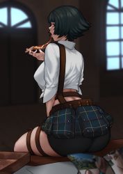 Rule 34 | 1girl, ass, belt, bike shorts, black hair, blurry, blurry background, capcom, dante (devil may cry), desk, devil may cry, devil may cry (series), devil may cry 3, eating, food, highres, lady (devil may cry), looking at viewer, looking back, mariezone, on desk, open mouth, out of frame, pizza, pizza slice, short hair, sitting, on desk, solo, utility belt