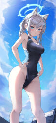 Rule 34 | 1girl, absurdres, adjusting clothes, adjusting swimsuit, animal ear fluff, animal ears, black one-piece swimsuit, blue archive, blue eyes, breasts, cleavage, competition swimsuit, covered navel, cross hair ornament, extra ears, feet out of frame, from below, grey hair, hair ornament, halo, highres, looking at viewer, low ponytail, medium breasts, medium hair, mismatched pupils, multicolored clothes, multicolored swimsuit, one-piece swimsuit, shiriaru (jjonaeng), shiroko (blue archive), shiroko (swimsuit) (blue archive), solo, standing, swimsuit, wolf ears