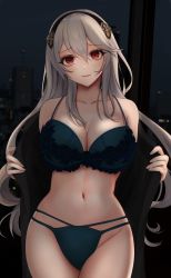 Rule 34 | 1girl, bare shoulders, black hairband, blush, bra, breasts, cleavage, closed mouth, collarbone, commentary request, corrin (female) (fire emblem), corrin (fire emblem), cowboy shot, fire emblem, fire emblem fates, green bra, green panties, hair between eyes, hairband, highres, indoors, large breasts, long hair, looking at viewer, navel, night, nintendo, nurumaru yu, open clothes, panties, red eyes, silver hair, smile, solo, stomach, underwear, underwear only, undressing, very long hair, window
