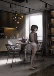 Rule 34 | 1girl, absurdres, alcohol, ass, bare legs, belt, black hair, black shirt, bottle, brown vest, ceiling light, chair, closed mouth, cup, day, drinking glass, expressionless, highres, indoors, lm7 (op-center), long sleeves, looking at viewer, looking back, original, profile, purple eyes, shirt, short hair, short shorts, shorts, sidelocks, slippers, solo, sunlight, table, thighs, vest, white shorts, wide shot, wine, wine bottle, wine glass