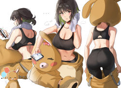 Rule 34 | ..., 1girl, absurdres, ass, back, balloon, black hair, blush, breasts, cellphone, colored inner hair, dressing, green hair, highres, holding, holding balloon, holding phone, large breasts, mascot costume, mascot head, miru (ormille), mole, mole on breast, mole under eye, multicolored hair, multiple views, navel, original, ormille, pants, phone, short hair, sitting, smartphone, sports bra, sweat, towel, towel around neck, two-tone hair, wiping sweat, yoga pants