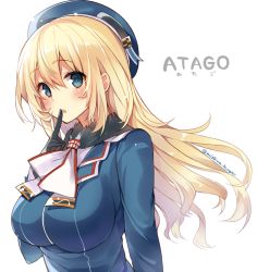 Rule 34 | 10s, 1girl, ascot, atago (kancolle), bad id, bad twitter id, beret, black gloves, blonde hair, blue eyes, blush, breasts, character name, finger to mouth, gloves, hat, kantai collection, large breasts, long hair, long sleeves, military, military uniform, mishima kurone, solo, twitter username, uniform, upper body, white background