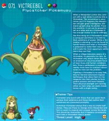 Rule 34 | 1boy, 1girl, absurdly long hair, artist name, body markings, breasts, character name, character profile, circlet, cleavage, colored skin, commentary, creatures (company), english commentary, english text, fangs, game freak, gen 1 pokemon, green hair, hair intakes, hat, hat feather, highres, kinkymation, large breasts, long hair, monster girl, nintendo, personification, pitcher plant, plant, plant girl, poke ball, poke ball (basic), pokemon, purple hair, very long hair, victreebel, vine tail, yellow skin