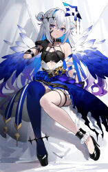 Rule 34 | 1girl, amagasa yun, amane kanata, amane kanata (another world), bare shoulders, black footwear, black gloves, blue eyes, blue flower, blue hair, blue rose, blue thighhighs, blue wings, breasts, commentary request, double bun, feathered wings, flower, full body, gloves, gradient hair, grey hair, hair between eyes, hair bun, hand up, high heels, highres, hololive, looking at viewer, multicolored hair, o-ring, o-ring top, parted lips, purple hair, rose, shoes, single hair intake, single thighhigh, small breasts, solo, thighhighs, two-tone hair, virtual youtuber, white wings, wings