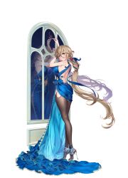 Rule 34 | 1girl, back cutout, bare arms, bare shoulders, blonde hair, blue dress, blue ribbon, blush, braid, braided ponytail, breasts, clothing cutout, cosmetics, dress, english text, final gear, flower ornament, full body, glass, glass writing, hair between eyes, hair ornament, hair ribbon, high heels, highres, holding, holding lipstick tube, indoors, jasmine (final gear), large breasts, legs, lipstick tube, logo print, long hair, looking at viewer, looking back, low-tied long hair, low ponytail, mature female, navel, navel cutout, night, night sky, official art, open mouth, paint musume, pantyhose, pelvic curtain, reflection, ribbon, shoes, simple background, single braid, sky, solo, star (sky), stiletto heels, tachi-e, teeth, third-party source, tied dress, torn clothes, torn pantyhose, transparent background, very long dress, very long hair, wavy hair, window, writing