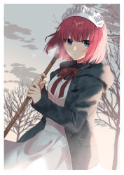 Rule 34 | 1girl, absurdres, alternate costume, apron, black dress, blue eyes, blush, border, breath, broom, cloud, commentary request, dress, fingernails, green jacket, hair between eyes, highres, hisui (tsukihime), holding, holding broom, hood, hood down, hooded jacket, jacket, long sleeves, looking at viewer, maid, maid apron, maid headdress, neck ribbon, open clothes, open jacket, outdoors, parted lips, pocket, red hair, red ribbon, ribbon, short hair, sky, solo, tree, tsukihime, upper body, wasa (wanosabi), white apron, white border, winter