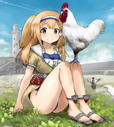 Rule 34 | 10s, 1girl, 2017, animal, bad id, bad twitter id, bird, blue sky, breasts, brown eyes, chicken, chinese zodiac, cloud, day, field, grass, hairband, i-26 (kancolle), inactive account, kantai collection, large breasts, legs together, light brown hair, light smile, lighthouse, long hair, looking at viewer, machinery, name tag, new school swimsuit, open clothes, outdoors, rooster, sailor collar, sandals, sasahara yuuki, school swimsuit, short sleeves, sitting, sky, smile, solo, stairs, swimsuit, swimsuit under clothes, two-tone hairband, two side up, year of the rooster