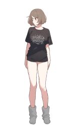 1girl black_shirt black_shorts brown_eyes brown_hair closed_mouth clothes_writing facing_to_the_side full_body grey_socks highres limbus_company loose_socks moony_(past_desiderium) original past_desiderium project_moon shirt short_hair shorts simple_background socks solo t-shirt