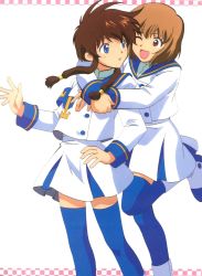 Rule 34 | 2girls, absurdres, angelic layer, blue eyes, blush, boots, brown hair, eye contact, female focus, from behind, happy, highres, hug, hug from behind, imminent kiss, kizaki tamayo, leg up, long hair, long sleeves, looking at another, looking back, multiple girls, one eye closed, open mouth, purple eyes, school uniform, short hair, shy, skirt, smile, socks, standing, standing on one leg, surprised, suzuhara misaki, thighhighs, wink, yuri