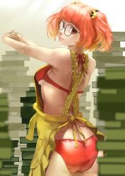 Rule 34 | 1girl, apron, armpits, ass, back, bare arms, bare shoulders, bell, bikini, bikini under clothes, blurry, blurry foreground, book, book stack, breasts, closed mouth, cowboy shot, frills, from behind, glasses, hair bell, hair ornament, halterneck, hands up, highres, interlocked fingers, lips, looking at viewer, looking back, medium breasts, motoori kosuzu, outstretched arms, own hands together, pocket, red bikini, red eyes, red hair, round eyewear, short hair, shoulder blades, sideboob, smile, solo, standing, swimsuit, touhou, two side up, upper body, yasaidon