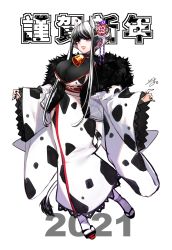 1girl, 2021, animal print, bell, black nails, breasts, chinese zodiac, cow horns, cow print, cow tail, cowbell, earrings, fingernails, fur-trimmed jacket, fur trim, grey hair, hair ornament, hair up, highres, horns, huge breasts, isuka, jacket, japanese clothes, jewelry, kanzashi, kimono, lips, looking at viewer, multicolored hair, multiple earrings, nail polish, neck bell, obi, open clothes, open jacket, open mouth, original, pink eyes, pointy ears, sandals, sash, short hair with long locks, sidelocks, signature, simple background, solo, stud earrings, tabi, tail, two-tone hair, w arms, white background, white hair, white jacket, year of the ox