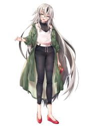 Rule 34 | 1girl, absurdres, bare shoulders, belt, black hair, black pants, black shirt, blush, breasts, contemporary, fate/grand order, fate (series), full body, glasses, green eyes, green jacket, hair between eyes, hane yuki, highres, jacket, layered clothes, long hair, long sleeves, looking at viewer, medium breasts, multicolored hair, nagao kagetora (fate), off-shoulder shirt, off shoulder, open clothes, open jacket, open mouth, pants, red footwear, shirt, simple background, smile, solo, streaked hair, two-tone hair, very long hair, white background, white hair, white shirt