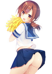 Rule 34 | 1girl, :d, ass, asymmetrical bangs, blue skirt, blush, brown hair, cheerleader, contrapposto, cowboy shot, eyelashes, from behind, hair ornament, hairclip, heart, highres, holding, humuyun, japanese clothes, long hair, looking at viewer, looking back, low ponytail, no panties, open mouth, original, pleated skirt, pom pom (cheerleading), red eyes, school uniform, serafuku, shirt, short sleeves, simple background, skirt, smile, solo, sparkle, standing, suggestive fluid, sweat, upskirt, white background, white shirt