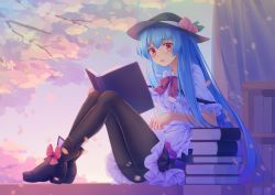 Rule 34 | 1girl, adapted costume, ankle boots, black footwear, black hat, black pantyhose, blue hair, blush, book, book stack, bookshelf, boots, branch, capelet, cherry blossoms, curtains, dated, dress, elbow rest, food-themed hair ornament, footwear ribbon, gradient sky, hair ornament, hat, hinanawi tenshi, holding, holding book, knees up, layered dress, leaf hair ornament, long hair, looking at viewer, mechrailgun, open book, open mouth, pantyhose, peach hair ornament, petals, red eyes, red neckwear, red ribbon, ribbon, signature, sitting, sky, solo, thighband pantyhose, touhou, very long hair, white capelet, window