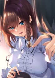 Rule 34 | 1girl, blurry, blurry foreground, braid, breasts, brown hair, charlotte corday (fate), charlotte corday (third ascension) (fate), fate/grand order, fate (series), fingernails, frilled shirt, frills, hair ribbon, hat, unworn hat, unworn headwear, highres, juliet sleeves, kagari liroi, large breasts, long sleeves, puffy sleeves, ribbon, shirt, smile, solo focus, yellow ribbon