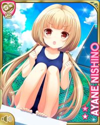 Rule 34 | 1girl, :o, barefoot, blonde hair, bush, card, character name, day, fence, clenched hand, girlfriend (kari), nishino ayane, official art, one-piece swimsuit, open mouth, outdoors, pool, qp:flapper, red eyes, sitting, solo, swimsuit, tagme, twintails, v-shaped eyebrows