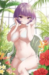 Rule 34 | 1girl, anno masato, arms up, bare arms, bare legs, bare shoulders, bikini, blunt bangs, breasts, chair, cleavage, closed mouth, collarbone, commentary, conservatory, embarrassed, flower, highres, knees together feet apart, leaf, medium breasts, navel, original, palm tree, purple eyes, purple hair, short hair, side-tie bikini bottom, sitting, smile, solo, swimsuit, tree, underboob, white bikini