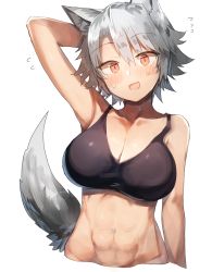 Rule 34 | 1girl, :d, abs, animal ear fluff, animal ears, arm behind head, arm up, armpits, bad id, bad pixiv id, bare arms, bare shoulders, black tank top, blush, breasts, cleavage, collarbone, commentary request, crop top, cropped torso, hair between eyes, head tilt, inubashiri momiji, large breasts, looking at viewer, midriff, navel, no headwear, open mouth, red eyes, short hair, silver hair, simple background, smile, solo, stomach, suminagashi, tail, tank top, touhou, upper body, white background, wolf ears, wolf tail