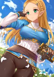 Rule 34 | 1girl, absurdres, belt, black gloves, black panties, blonde hair, blue shirt, blue sky, blush, braid, breasts, closed mouth, crown braid, day, fingerless gloves, flower, forehead, gloves, gluteal fold, green eyes, hair ornament, hairclip, highres, large breasts, long hair, long sleeves, looking away, looking to the side, nintendo, outdoors, panties, pants, petals, princess zelda, sheikah slate, shirt, sky, skywalker0610, smile, solo, the legend of zelda, the legend of zelda: breath of the wild, thigh strap, tight clothes, tight pants, underwear, white flower