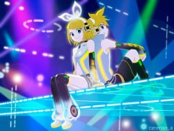 Rule 34 | 1boy, 1girl, aqua eyes, arm warmers, back-to-back, blonde hair, brother and sister, centrist 8, hair ornament, hair ribbon, hairclip, headphones, kagamine len, kagamine len (append), kagamine rin, kagamine rin (append), leg warmers, navel, ribbon, short hair, shorts, siblings, smile, vocaloid, vocaloid append, wallpaper