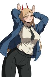 Rule 34 | 1girl, absurdres, arms up, black necktie, black pants, blonde hair, blush, breasts, chainsaw man, commentary, cowboy shot, cross-shaped pupils, daydarion, grin, hair between eyes, highres, horns, large breasts, long hair, looking at viewer, necktie, open clothes, pants, power (chainsaw man), rabbit pose, sharp teeth, simple background, smile, solo, symbol-shaped pupils, teeth, white background, yellow eyes