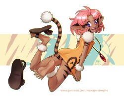 Rule 34 | 1girl, :d, animal ears, animal print, arms at sides, artist name, ass, barefoot, blush, bob cut, body fur, brown background, brown fur, commentary, dark-skinned female, dark skin, dated, dress, dress tug, drop shadow, english commentary, eyelashes, facial mark, fang, feet, feet up, flat chest, floating hair, floating neckwear, fur-trimmed anklet, fur-trimmed dress, fur cuffs, fur trim, furry, furry female, gem, green background, jewelry, jumping, looking at viewer, looking back, making-of available, maxa&#039;, merle (tenkuu no escaflowne), mixed-language commentary, necklace, open mouth, outside border, paid reward available, parted bangs, patreon username, pendant, pink hair, pointy ears, purple eyes, red gemstone, sandals, unworn sandals, short dress, short hair, signature, single sandal, sleeveless, sleeveless dress, smile, soles, solo, spread toes, striped, striped tail, tail, teeth, tenkuu no escaflowne, toe claws, toes, watermark, web address, whisker markings, white background, yellow background, yellow dress