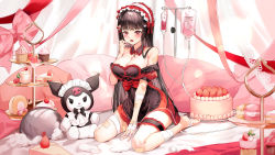 1girl, absurdres, apron, bandage, bandaged arm, bandaged fingers, bandaged foot, bandaged hand, bandaged leg, bandages, bangs, bare shoulders, barefoot, bed, black apron, black hair, blood, blood bag, blunt bangs, blush, breasts, cake, cake slice, cleavage, commentary request, commission, cream, cream on face, cupcake, curtains, cushion, detached collar, dress, fangs, food, food on face, frilled hairband, frills, fruit, hair ornament, hairband, hand up, heart, heart hair ornament, highres, hime cut, intravenous drip, large breasts, leg garter, lillly, long hair, looking at viewer, multicolored, multicolored hairband, off shoulder, open mouth, original, pink ribbon, puffy short sleeves, puffy sleeves, red dress, red eyes, red hairband, ribbon, short sleeves, sidelocks, sitting, solo, strawberry, strawberry cake, stuffed animal, stuffed toy, very long hair, waist bow, wariza, white hairband