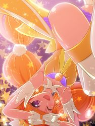 Rule 34 | 1girl, amanogawa kirara, aokura shou, armpits, ass, bare shoulders, blush, breasts, cure twinkle, earrings, female focus, gloves, go! princess precure, hair ornament, highres, jewelry, long hair, looking at viewer, magical girl, multicolored hair, one eye closed, open mouth, orange hair, precure, purple eyes, solo, star (symbol), star earrings, thighhighs, thighs, twintails, two-tone hair, very long hair, white thighhighs
