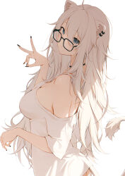 Rule 34 | 1girl, ahoge, animal ears, bespectacled, black nails, blue eyes, choker, ear piercing, glasses, grey hair, hair between eyes, highres, hololive, light smile, lion ears, lion girl, lion tail, long hair, looking at viewer, loose clothes, messy hair, momomooq, off-shoulder shirt, off shoulder, piercing, shirt, shishiro botan, shishiro botan (button-down), simple background, solo, tail, virtual youtuber, white background
