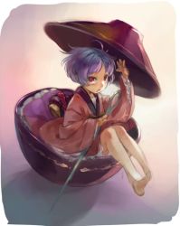 Rule 34 | 1girl, barefoot, bowl, bowl hat, full body, hat, in bowl, in container, japanese clothes, kimono, mini person, minigirl, needle, obi, purple hair, red eyes, sash, simple background, solo, sukuna shinmyoumaru, touhou, wide sleeves, zeni