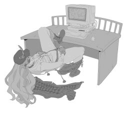 Rule 34 | 1girl, absurdres, bad link, bandaid, boots, clothes pull, commission, computer, female masturbation, fingerless gloves, gloves, greyscale, hat, highres, indie virtual youtuber, jacket, keyboard (computer), long hair, masturbation, monitor, monochrome, navel, pants, pants pull, pornography, rummy, rummy &amp; coqui, solo, tagme