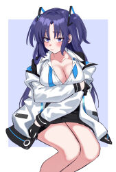 Rule 34 | 1girl, absurdres, black gloves, blue archive, blush, breasts, cabin (aean7232), cleavage, collarbone, feet out of frame, gloves, highres, holding own arm, invisible chair, jacket, jacket partially removed, large breasts, looking at viewer, necktie, open collar, purple eyes, purple hair, shirt, simple background, sitting, solo, two side up, undone necktie, white shirt, yuuka (blue archive)