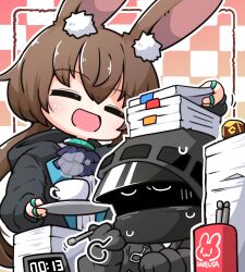 Rule 34 | 1girl, 1other, :d, = =, ambiguous gender, amiya (arknights), animal ear fluff, animal ears, arknights, ascot, black gloves, black jacket, blue ascot, brown hair, clock, cup, doctor (arknights), gloves, holding, holding pen, holding tray, hood, hood down, hood up, hooded jacket, jacket, jewelry, kado (hametunoasioto), long hair, mask, multiple rings, object on head, open clothes, open jacket, open mouth, paper stack, pen, ponytail, rabbit ears, ring, shirt, smile, teacup, tray, very long hair, white shirt
