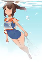 Rule 34 | 10s, 1girl, bad id, bad pixiv id, bare shoulders, blush, brown eyes, brown hair, bubble, i-401 (kancolle), kantai collection, nekoume, net, one-piece swimsuit, ponytail, sailor collar, school swimsuit, school uniform, short hair, short ponytail, smile, solo, swimsuit, underwater