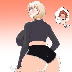 Rule 34 | 1boy, 1girl, ass, blonde hair, blue eyes, blush, bluueygooey, breasts, curvy, earrings, fire emblem, fire emblem: three houses, from behind, heart, highres, huge ass, huge breasts, jewelry, long sleeves, looking back, mercedes von martritz, mole, mole on ass, nintendo, seductive smile, short hair, short shorts, shorts, smile, sylvain jose gautier, thick thighs, thighs, wide hips