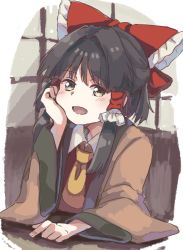 Rule 34 | 1girl, ascot, black hair, blush, bow, collared shirt, hair bow, hair tubes, hakurei reimu, hand on own cheek, hand on own face, indoors, jacket, japanese clothes, large bow, looking at viewer, matsukuzu, miko, open mouth, red bow, red shirt, shirt, short hair, sidelocks, sitting, solo, table, touhou, yellow ascot