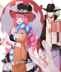 Rule 34 | 1boy, 1girl, ^ ^, abs, bad id, bad twitter id, beard, belt, black hair, black hat, box, brown belt, closed eyes, coat, commentary request, cowboy shot, cross pendant, denim, dracule mihawk, dress, drill hair, facial hair, flower, frilled dress, frills, ghost, hat, hat feather, holding, holding box, holding stuffed toy, holding umbrella, jeans, joman, korean commentary, kumacy, long dress, long hair, mask, mouth mask, mustache, one piece, open clothes, open coat, open mouth, pants, perona, pink nails, rose, simple background, stuffed toy, tongue, tongue out, top hat, twitter username, umbrella, watch, white background, white flower, white rose, wristwatch, yellow eyes