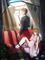 Rule 34 | 1boy, 1girl, barefoot, blonde hair, blue eyes, chair, couch, dress, evolan, feet on chair, finger to mouth, highres, light rays, long hair, looking at viewer, looking back, original, pocket watch, ruins, short hair, sitting, string, string of fate, sunbeam, sunlight, watch
