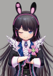Rule 34 | 1girl, ;t, animal ear headphones, animal ears, black gloves, black hair, black jacket, black vest, blue eyes, blush, center frills, closed mouth, clover, collared shirt, commentary request, crossed arms, dress shirt, fake animal ears, four-leaf clover, frills, gloves, glowing, grey background, hair ornament, hairclip, headphones, headset, highres, jacket, kath, long hair, looking at viewer, neon trim, nijisanji, one eye closed, rabbit ear headphones, rabbit ears, shirt, simple background, smile, solo, tsukino mito, tsukino mito (13th costume), upper body, v-shaped eyebrows, very long hair, vest, virtual youtuber, white shirt
