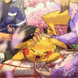 Rule 34 | 1boy, 1girl, :d, ash ketchum, basket, black gloves, black shirt, blanket, brown hair, closed eyes, commentary, creatures (company), damany7, day, falling petals, fingerless gloves, game freak, gen 1 pokemon, gloves, happy, headpat, highres, light rays, long sleeves, nintendo, open mouth, outdoors, petals, petting, picnic basket, pikachu, pokemon, pokemon (anime), pokemon (creature), pokemon xy (anime), serena (pokemon), shirt, signature, smile, tongue, tree