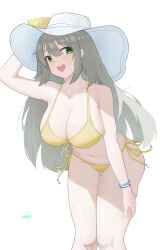 Rule 34 | 1girl, absurdres, artist name, bikini, blue archive, breasts, cleavage, commentary, feet out of frame, front-tie bikini top, front-tie top, green eyes, grey hair, happy05x, hat tug, highres, large breasts, leaning forward, long hair, looking ahead, nonomi (blue archive), nonomi (swimsuit) (blue archive), official alternate costume, open mouth, side-tie bikini bottom, simple background, smile, solo, swimsuit, teeth, upper teeth only, white background, white headwear, yellow bikini